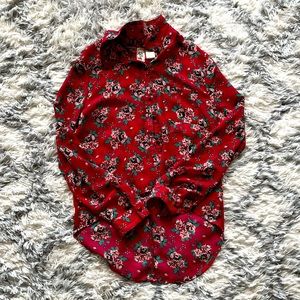 Red sheer dress shirt, size small, floral print